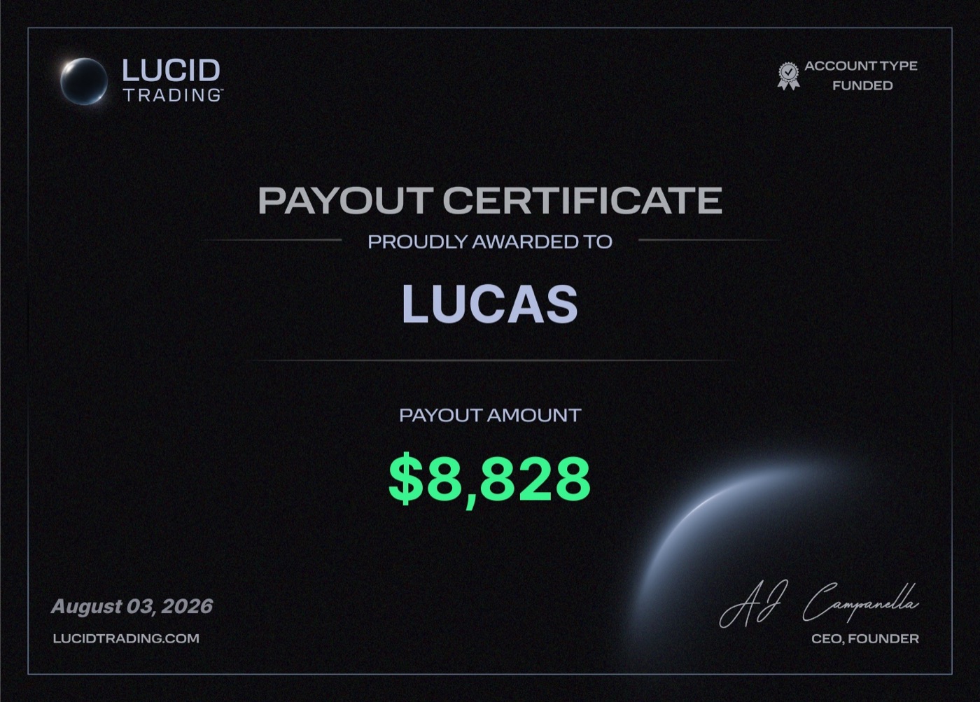 Payout-Zertifikat von Lucid Trading über 8.828 US-Dollar, ausgestellt am 3. August 2026