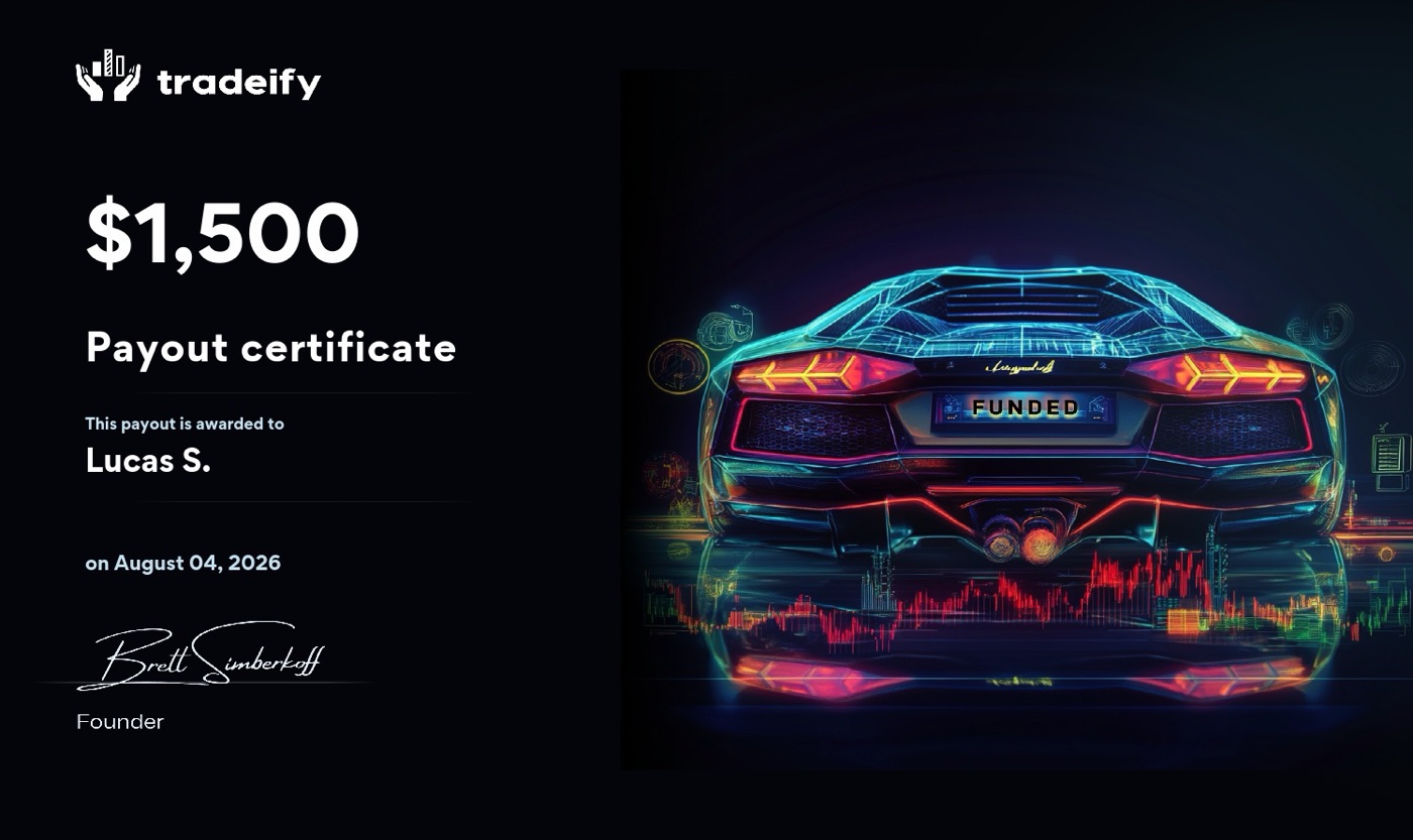 Payout-Zertifikat von Tradeify über 1.500 US-Dollar, ausgestellt am 4. August 2026