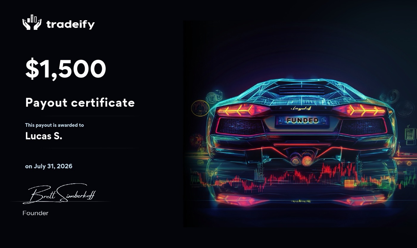 Payout-Zertifikat von Tradeify über 1.500 US-Dollar, ausgestellt am 31. Juli 2026